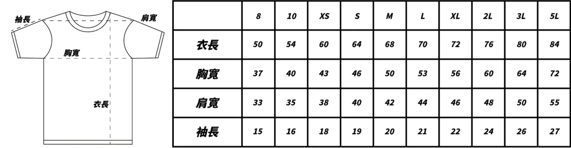 涼感吸濕排汗運動休閒圓領T恤尺寸表